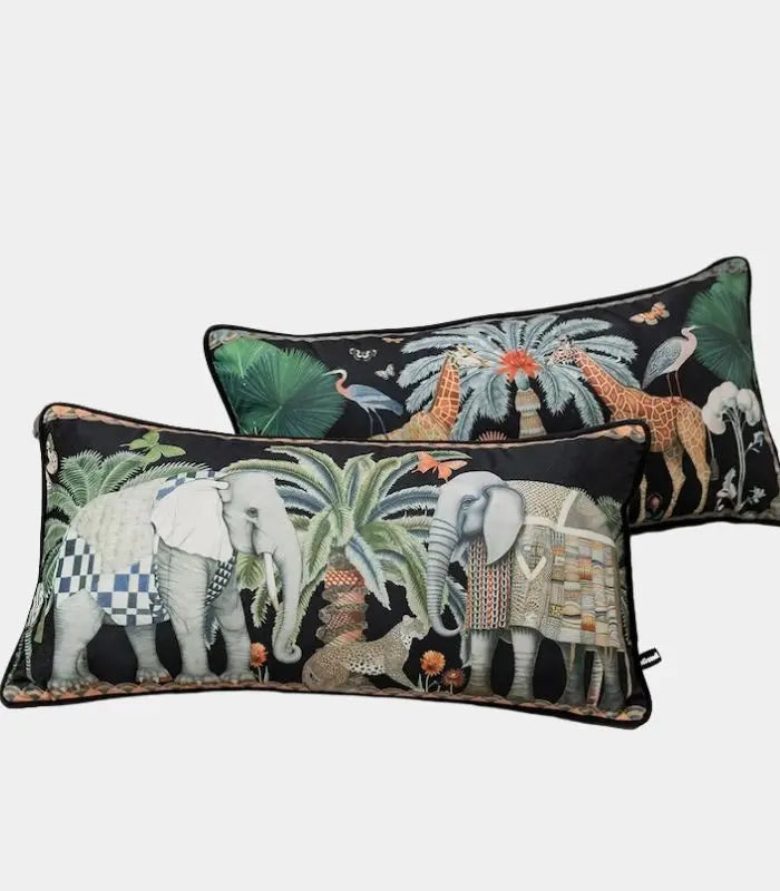 1080 Safari Scene Cushion Covers – Velvet with Whimsical Animal Designs Black Multicolour