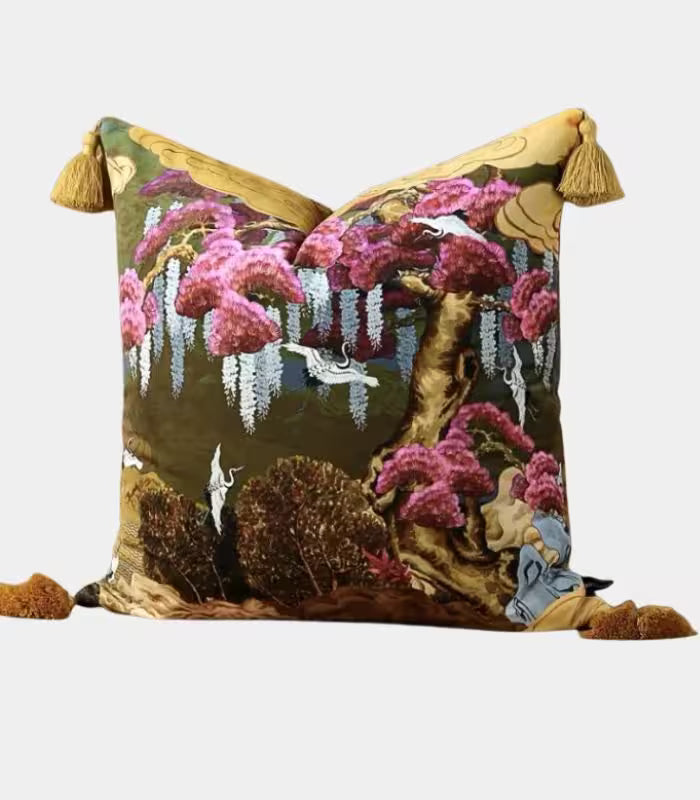 1025 East Asian Garden Tasseled Decorative Cushion Cover - Velvet