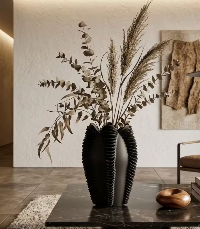 1210 Elara Sculptural Wave Vase | Modern Ribbed Resin Decorative Vessel 28 cm