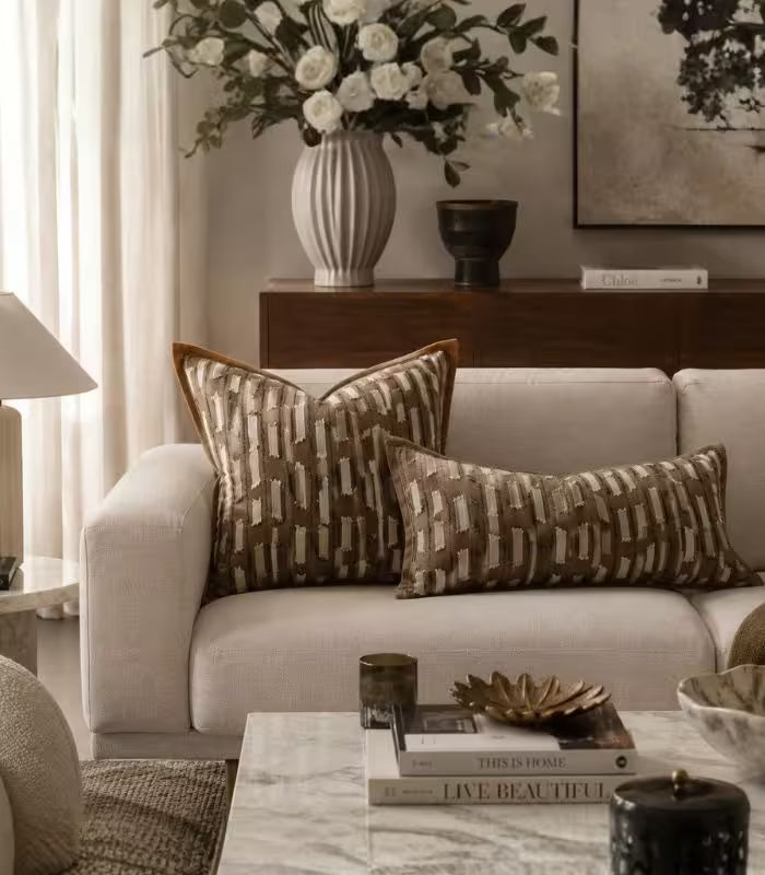 1015 Marlowe Woven Textured Cushion Cover – Brown & Ivory Striped Jacquard, 3 Sizes