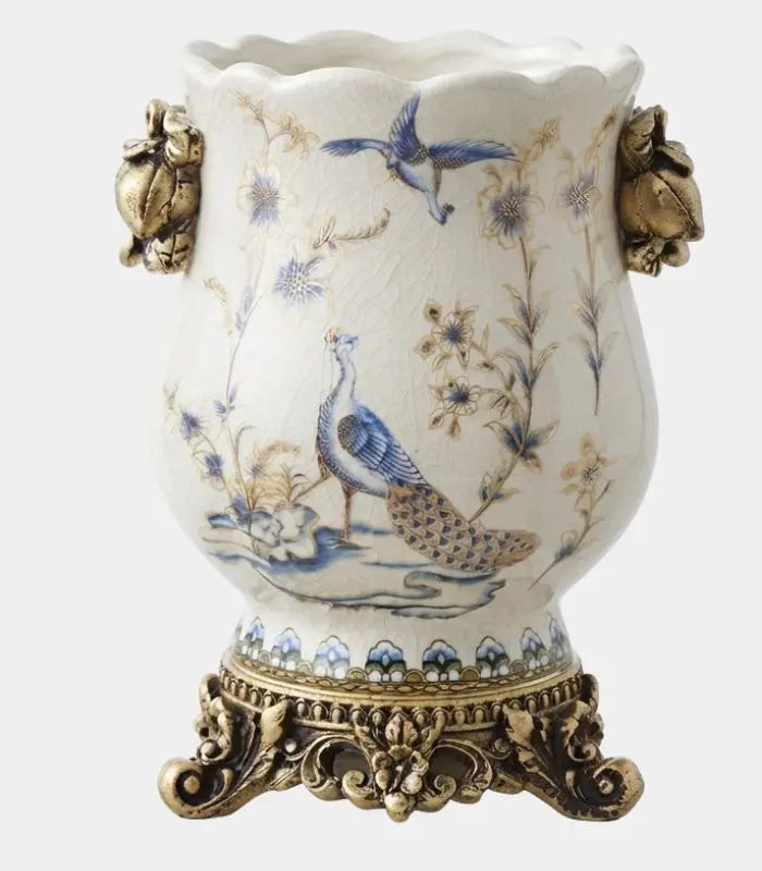1222 Ophira Crackle-Glaze Porcelain Vase – Hand-Painted Peacock, Gilded Resin Base & Handles 21cm