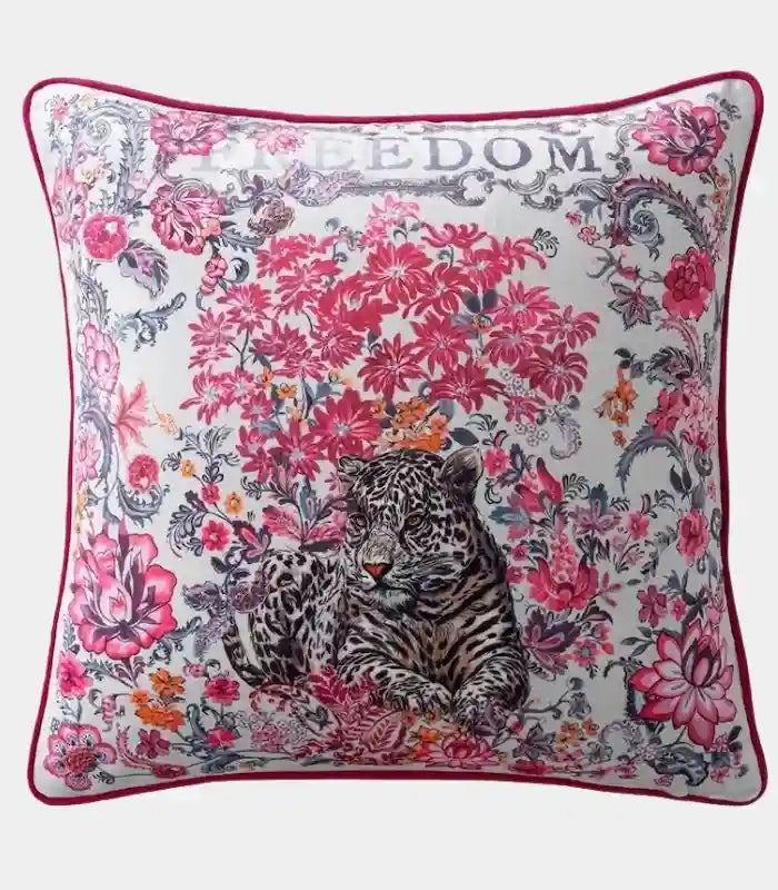 1052 Botanical Wilderness Velvet Cushion Cover – Floral and Leopard Design with Piping Trim