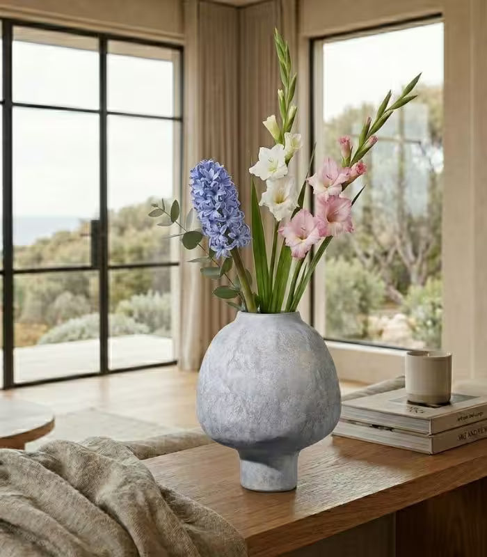 1208 Luna Ceramic Vase – Sculptural Spherical Design with Aged Stone Finish 21 cm