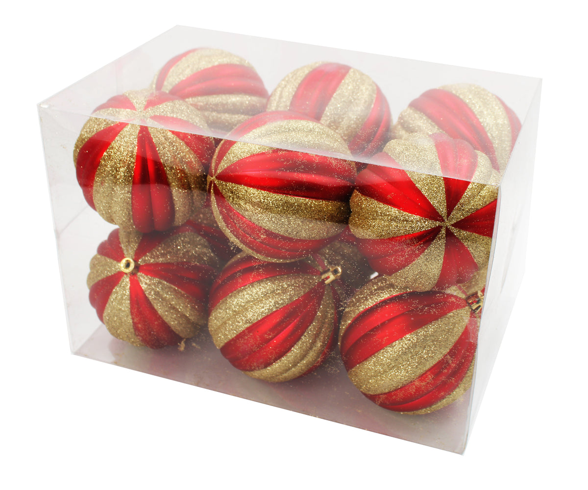 Red & Gold Striped Shatterproof Ornaments - 12 Pack