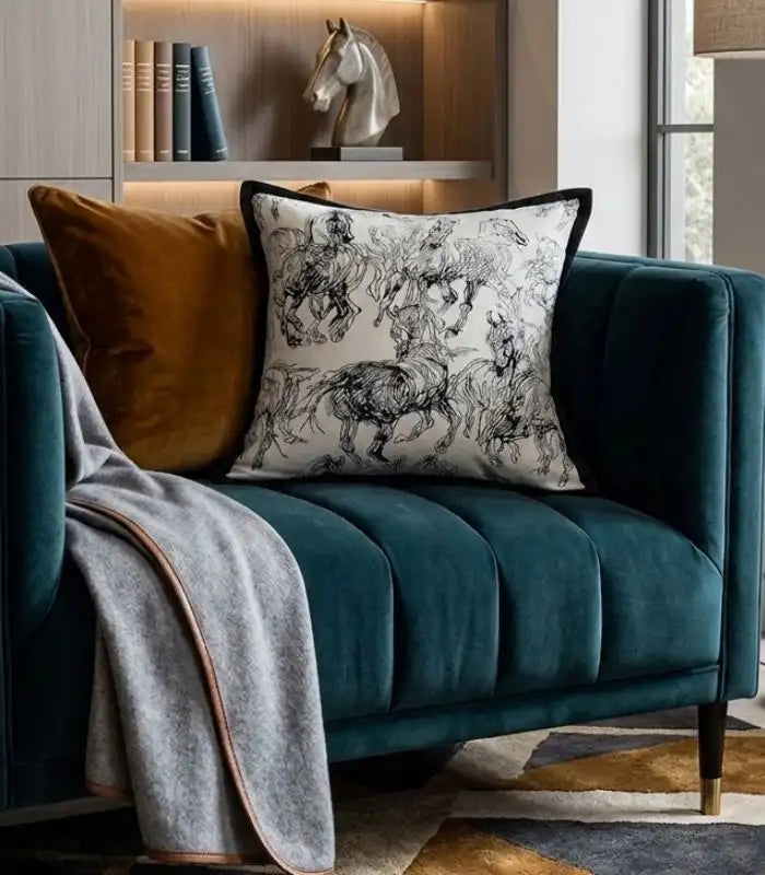 1061 Equestrian Sketch Cushion Cover – Black and White Horse Study Jacquard Pillow Case 45x45 cm