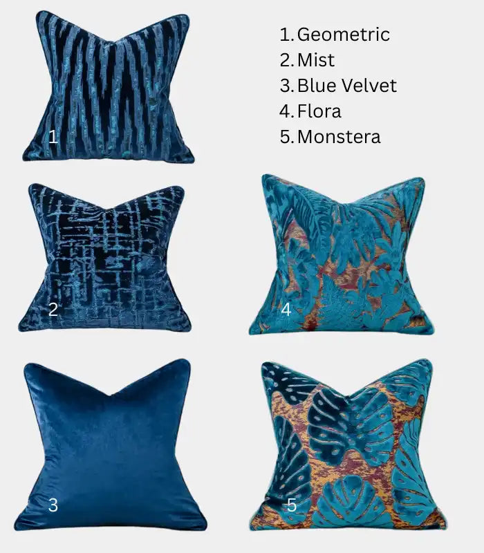 1079 Velvet Floral Garden Cushion Cover Velvet Embroidery Blue
