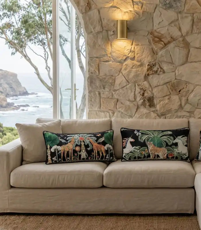 1080 Safari Scene Cushion Covers – Velvet with Whimsical Animal Designs Black Multicolour
