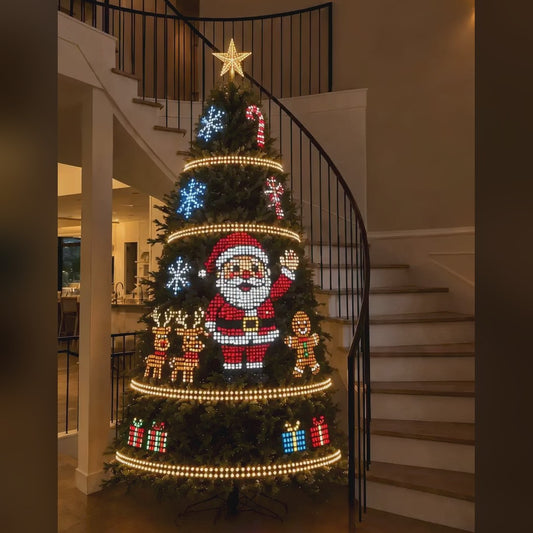 Christmas tree at night with Cheerish lights showing an animated pixel Santa, reindeer and gingerbread design