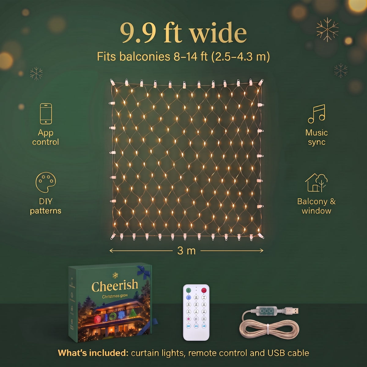 Cheerish LED curtain lights size: 9.9 ft wide