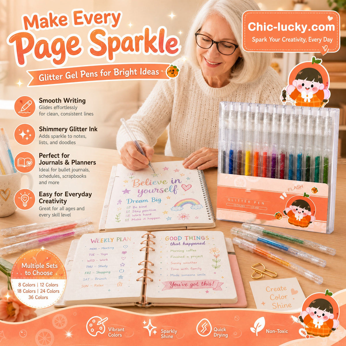 ⏳Last Day Sale Only $11.99!!💥Sparkle Glitter Gel Pen Set, Smooth & Smudge-Resistant, Eco Glitter, Ideal for All Ages – Grab Now!