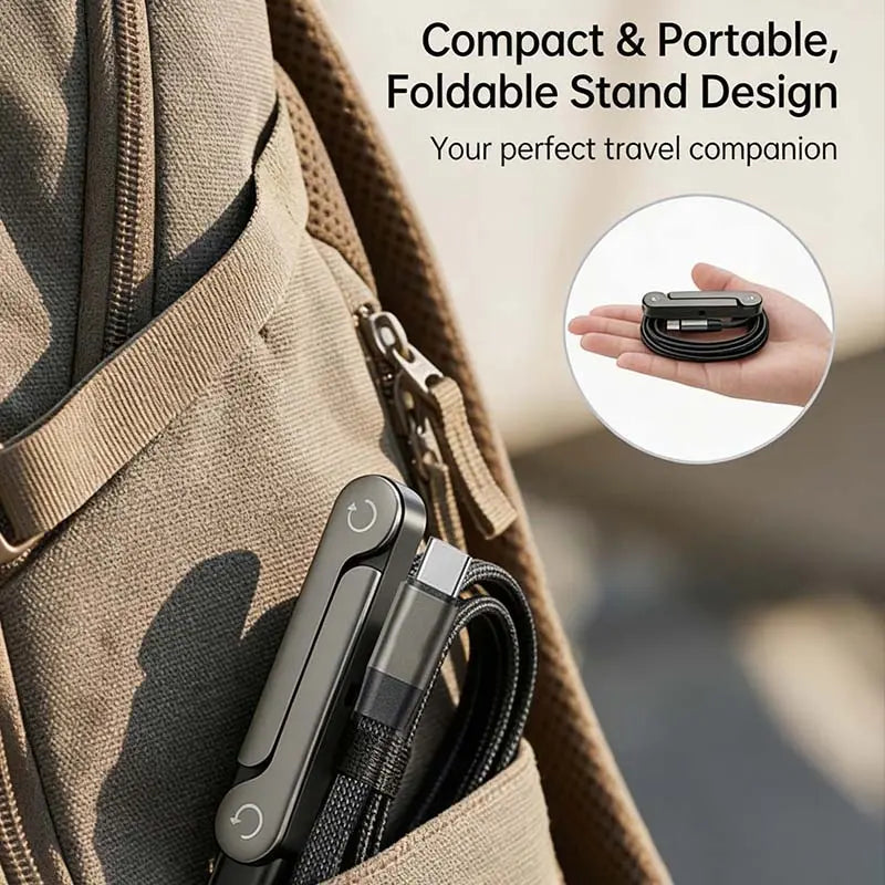 2-in-1 Fast Charging Cable with Hidden Phone Stand, Up to 240W Fast Charging, Foldable Adjustable Stand for Gaming, Office & Travel