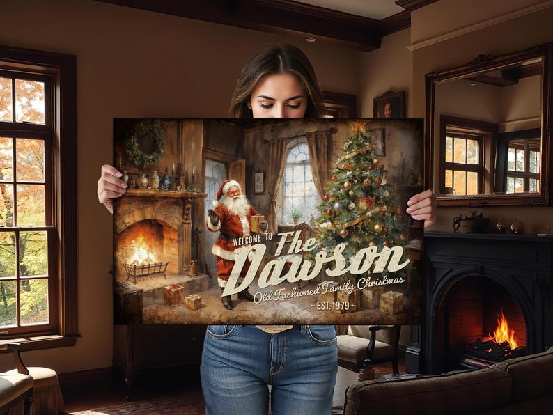 Family Name Christmas Signs - Vintage Santa: Personalized on Metal or Canvas