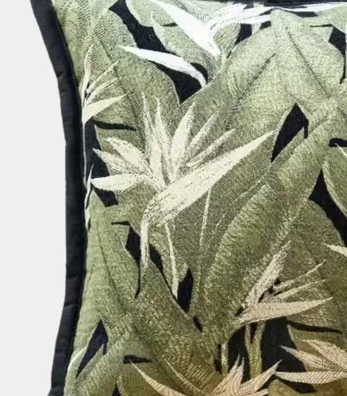 1009 Tropical Leaf Jacquard Cushion Cover – Sage Green with Black Border