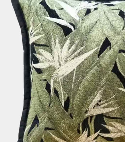 1009 Tropical Leaf Jacquard Cushion Cover – Sage Green with Black Border