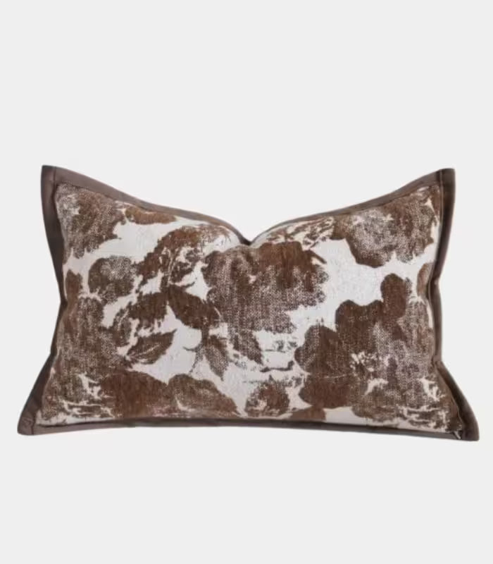 1075 Jacquard Floral Cushion Cover – Rich Brown and Cream Botanical Design Decorative Pillow Case
