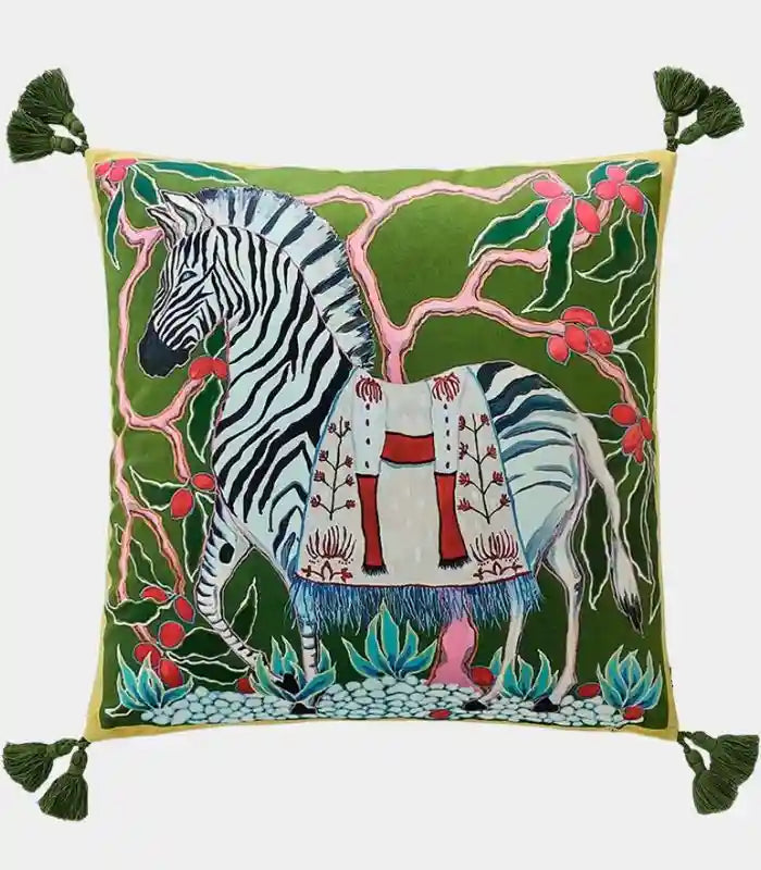 1058 Savanna Zebra Velvet Cushion Cover – Decorative Wildlife Design with Tassel Trim