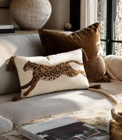 1056 Felino Tufted Plush Cushion Cover – Leopard Pattern in Cream and Brown Black 30x60 cm
