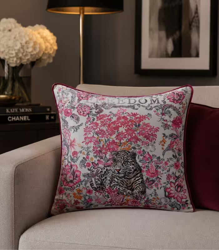 1052 Botanical Wilderness Velvet Cushion Cover – Floral and Leopard Design with Piping Trim