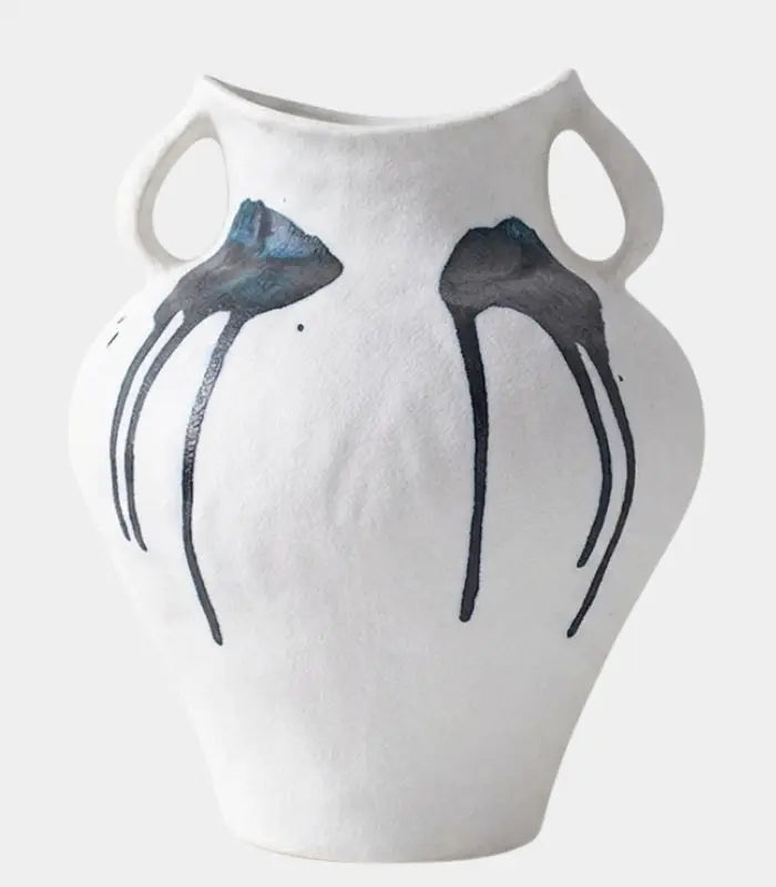 1213 Callista Ceramic Vase – Hand-Painted Abstract Ink Design with Twin Handles