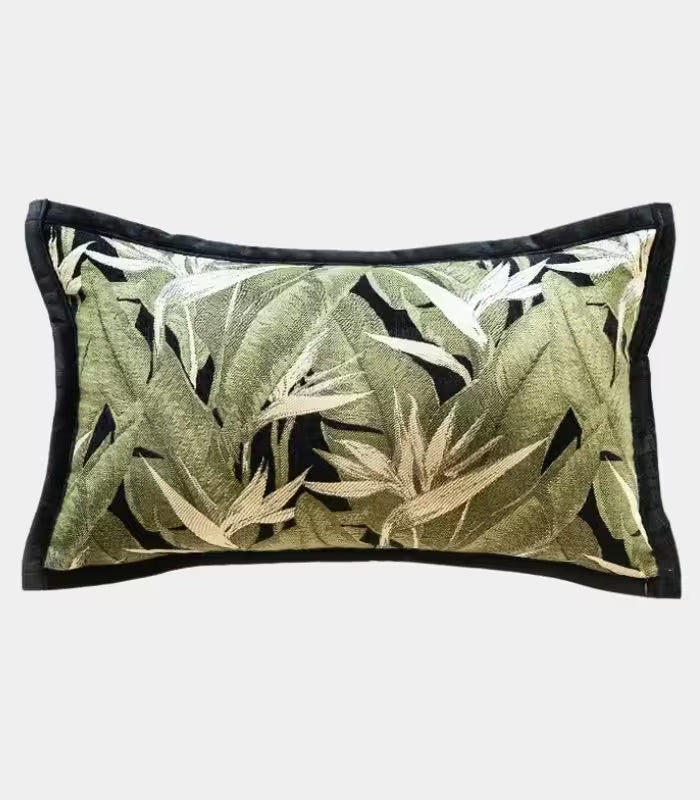 1009 Tropical Leaf Jacquard Cushion Cover – Sage Green with Black Border