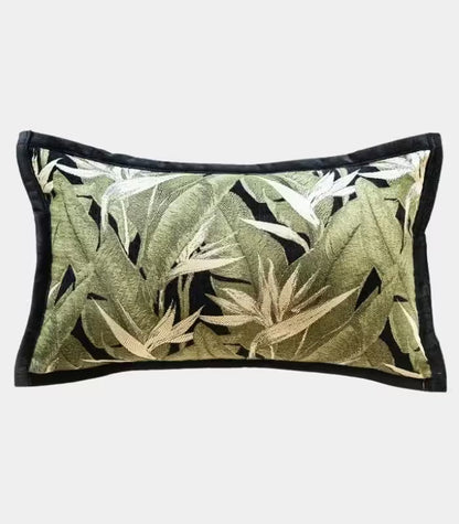 1009 Tropical Leaf Jacquard Cushion Cover – Sage Green with Black Border