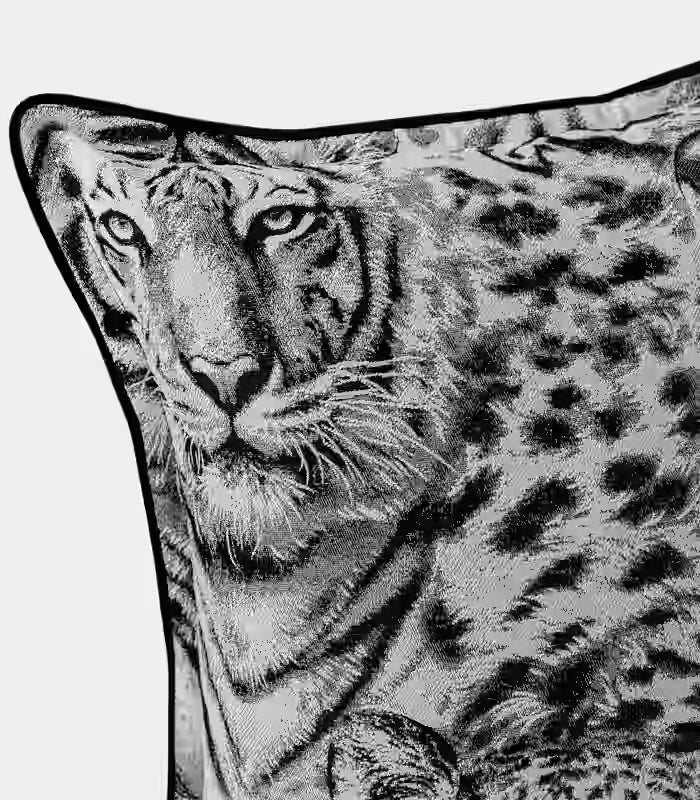 1002 Savanna Wild Cat Cushion Cover – Monochrome Jacquard Wildlife Pillow Case