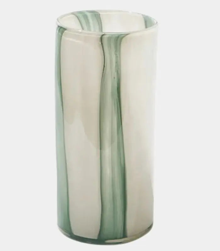 1218 Meridian Striped Glass Vase – Contemporary Green and White Cylindrical Design