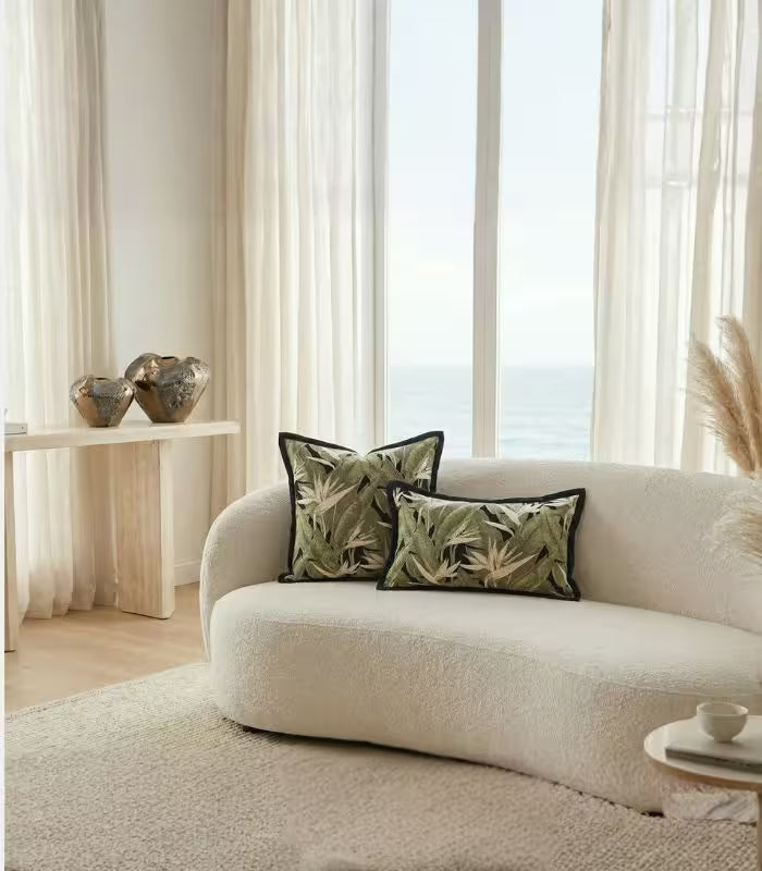 1009 Tropical Leaf Jacquard Cushion Cover – Sage Green with Black Border