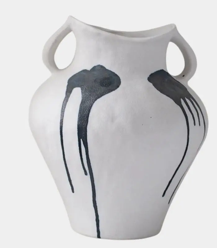 1213 Callista Ceramic Vase – Hand-Painted Abstract Ink Design with Twin Handles