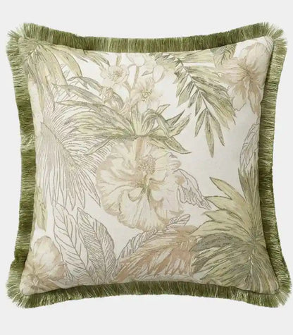 1060 Palm Grove Jacquard Cushion Cover – Tropical Botanical Design with Fringe Trim