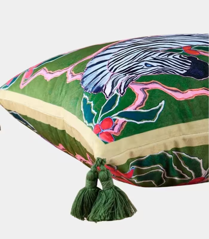 1058 Savanna Zebra Velvet Cushion Cover – Decorative Wildlife Design with Tassel Trim