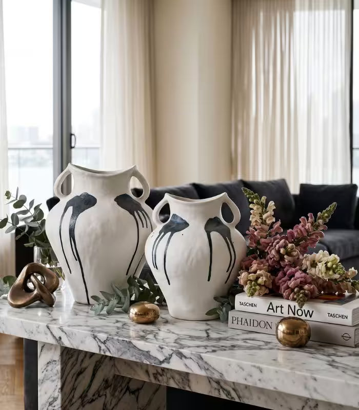 1213 Callista Ceramic Vase – Hand-Painted Abstract Ink Design with Twin Handles