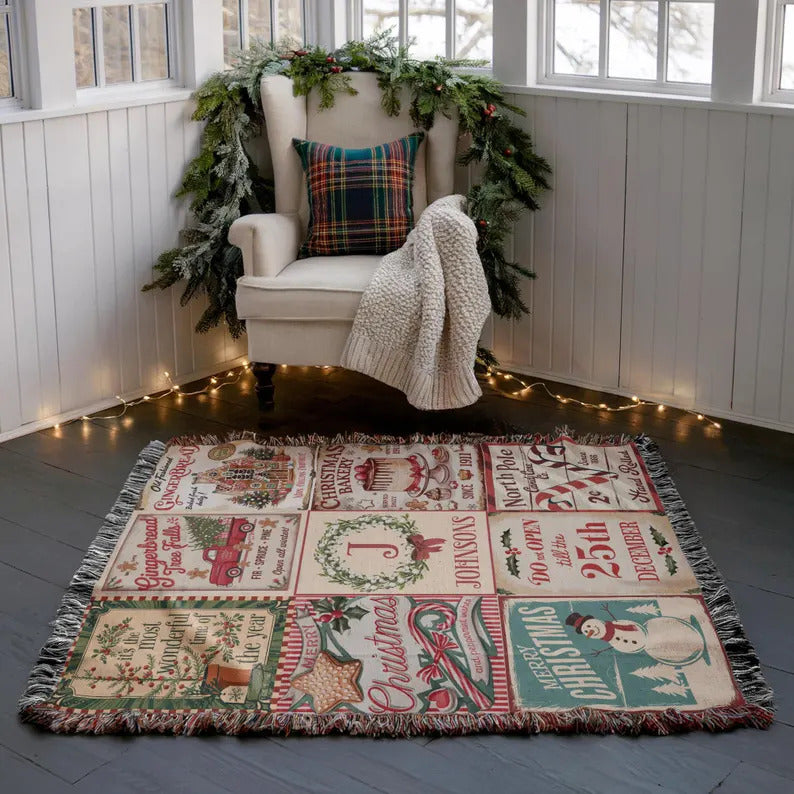 Customized Christmas Family Blanket Christmas Keepsake Family Last Name Woven Blanket for Christmas Gift Customized Old Fashioned Xmas Gift