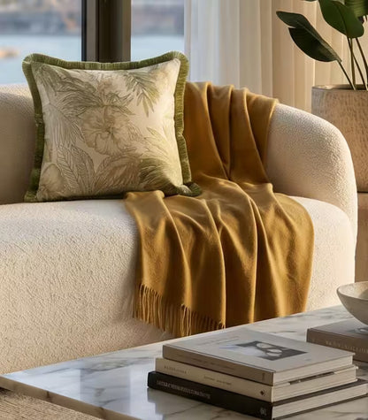 1060 Palm Grove Jacquard Cushion Cover – Tropical Botanical Design with Fringe Trim