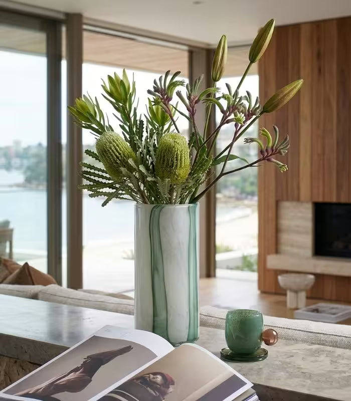1218 Meridian Striped Glass Vase – Contemporary Green and White Cylindrical Design