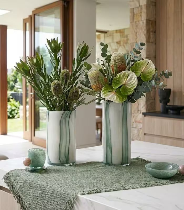 1218 Meridian Striped Glass Vase – Contemporary Green and White Cylindrical Design