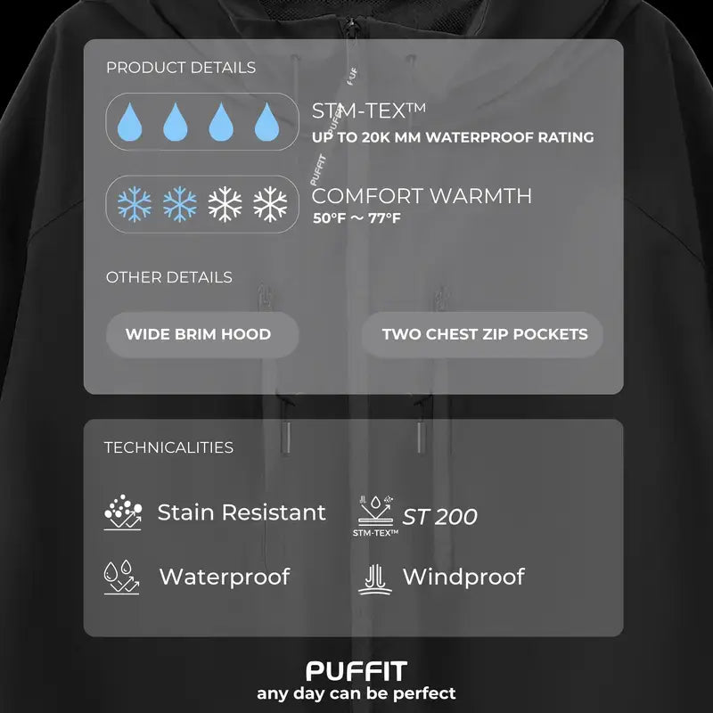 【Restocked】PUFFIT STM-TEX Short One-Size Rain Jacket With Pleated Hem,Hooded Jacket,Waterproof Jacket,Women Jacket,Wide-Brim Hood,Adjustable Cuffs,Zips,Outdoor Sport,Windbreaker,Fall,Winter,Dog Walking,School Running,Stylish,Womenswear,2026 Shopping