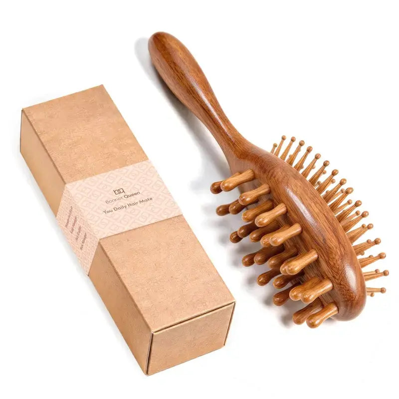 BONNET QUEEN Double-Sided Wooden Paddle Hair Brush & ASMR Scalp Massager - Sandalwood Cushioned Nylon Bristles, Anti-Frizz Dry Brushing Tool, Detangling & Anti-Static for All Hair Types (Dry Brushing Guide Included)