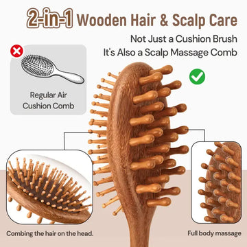 BONNET QUEEN Double-Sided Wooden Paddle Hair Brush & ASMR Scalp Massager - Sandalwood Cushioned Nylon Bristles, Anti-Frizz Dry Brushing Tool, Detangling & Anti-Static for All Hair Types (Dry Brushing Guide Included)