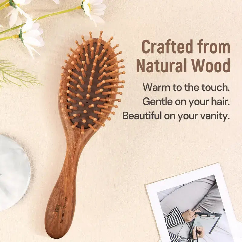 BONNET QUEEN Double-Sided Wooden Paddle Hair Brush & ASMR Scalp Massager - Sandalwood Cushioned Nylon Bristles, Anti-Frizz Dry Brushing Tool, Detangling & Anti-Static for All Hair Types (Dry Brushing Guide Included)
