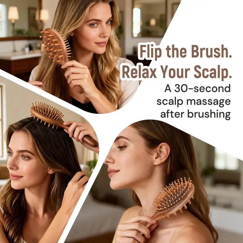 BONNET QUEEN Double-Sided Wooden Paddle Hair Brush & ASMR Scalp Massager - Sandalwood Cushioned Nylon Bristles, Anti-Frizz Dry Brushing Tool, Detangling & Anti-Static for All Hair Types (Dry Brushing Guide Included)