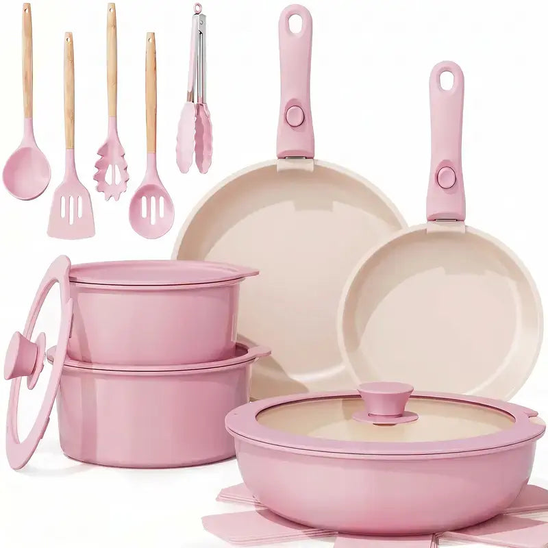 19PCS Contemporary Non-Stick Cookware Set - Detachable Handles, Pink Kitchen Supplies, Oven-Safe Pans & Woks for Home Camping Use