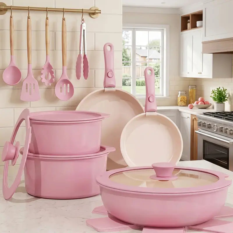19PCS Contemporary Non-Stick Cookware Set - Detachable Handles, Pink Kitchen Supplies, Oven-Safe Pans & Woks for Home Camping Use
