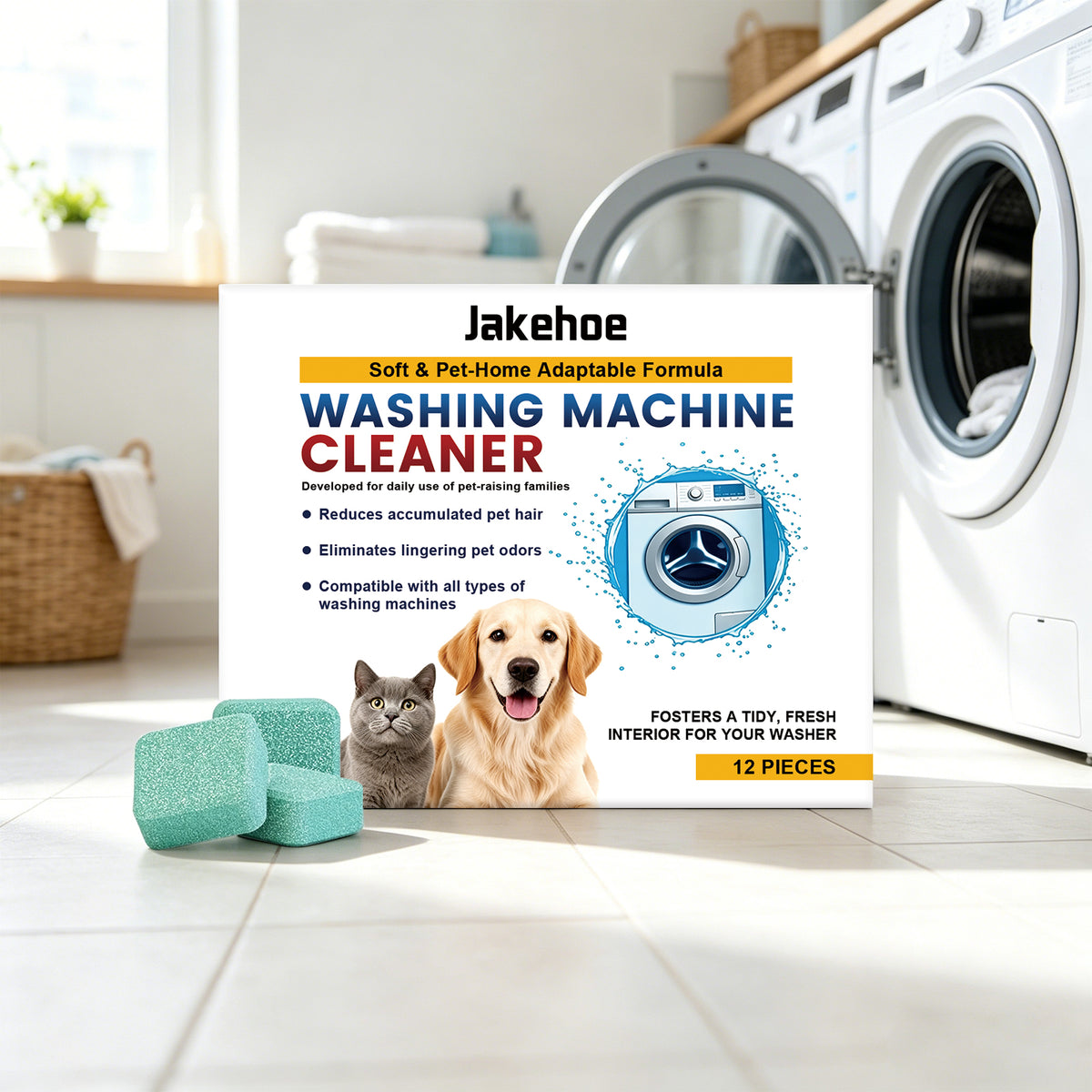 Washing machine cleaner tablets in a laundry room