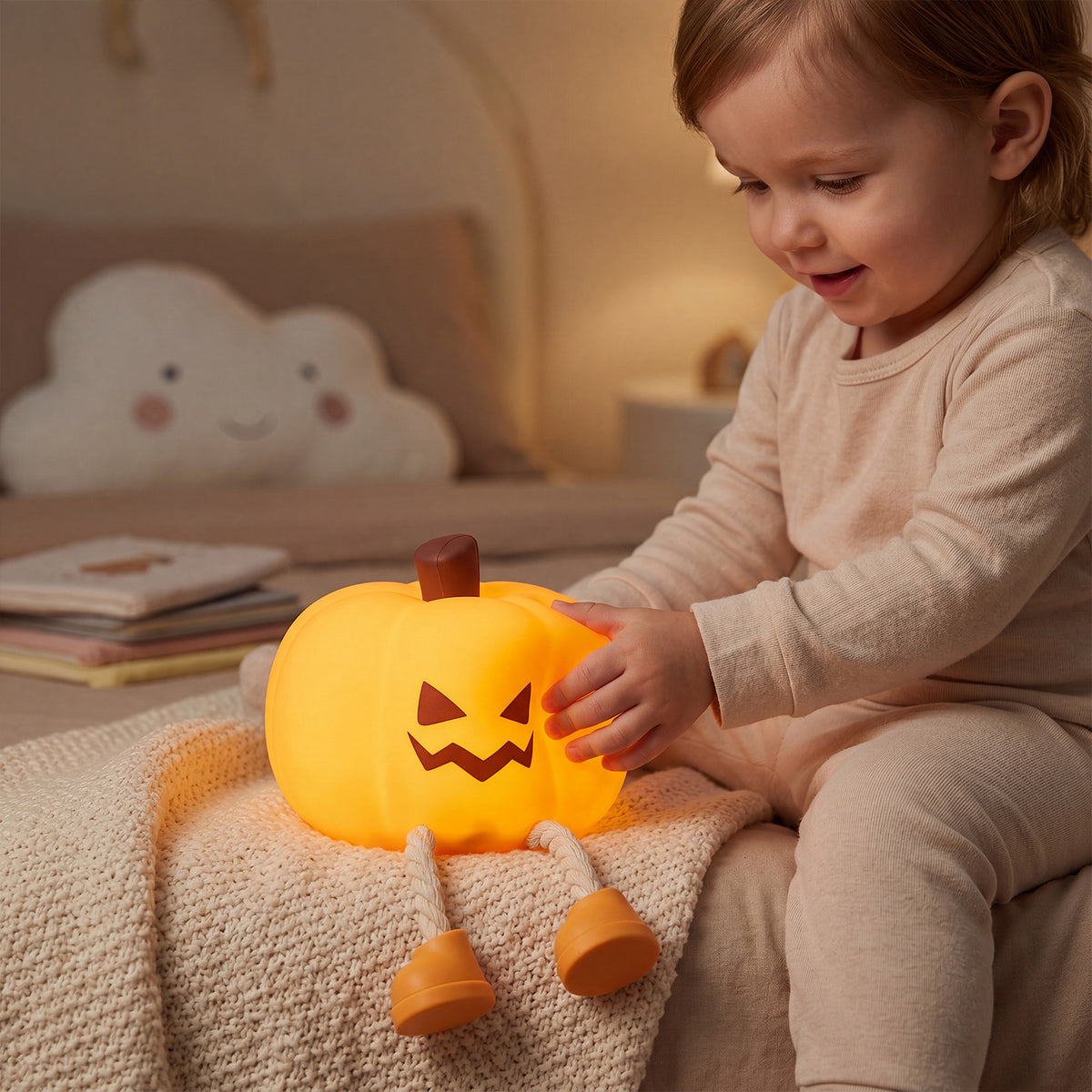 Child holding the glowing pumpkin night light