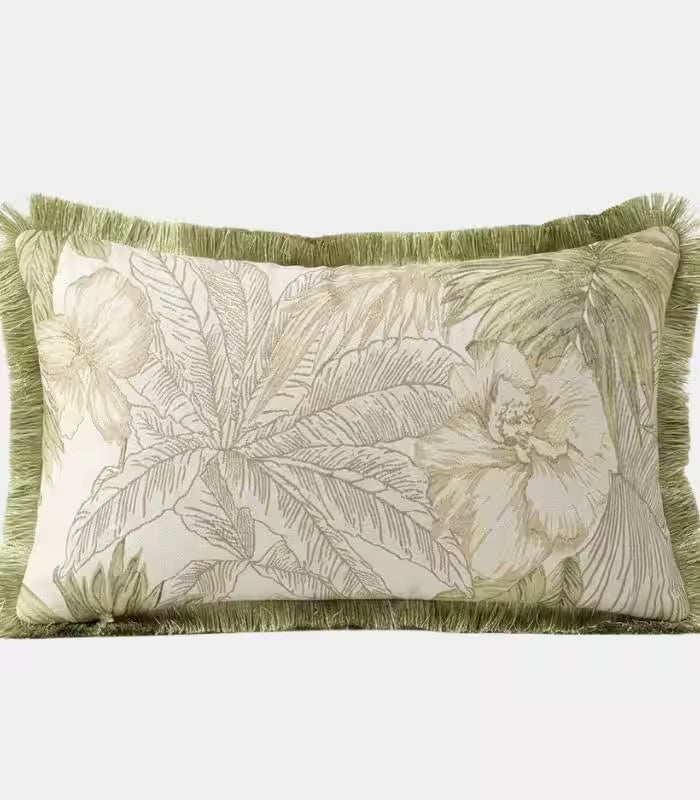 1060 Palm Grove Jacquard Cushion Cover – Tropical Botanical Design with Fringe Trim