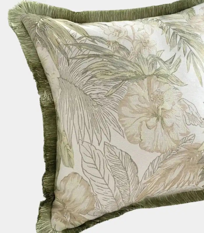 1060 Palm Grove Jacquard Cushion Cover – Tropical Botanical Design with Fringe Trim