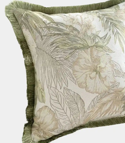 1060 Palm Grove Jacquard Cushion Cover – Tropical Botanical Design with Fringe Trim