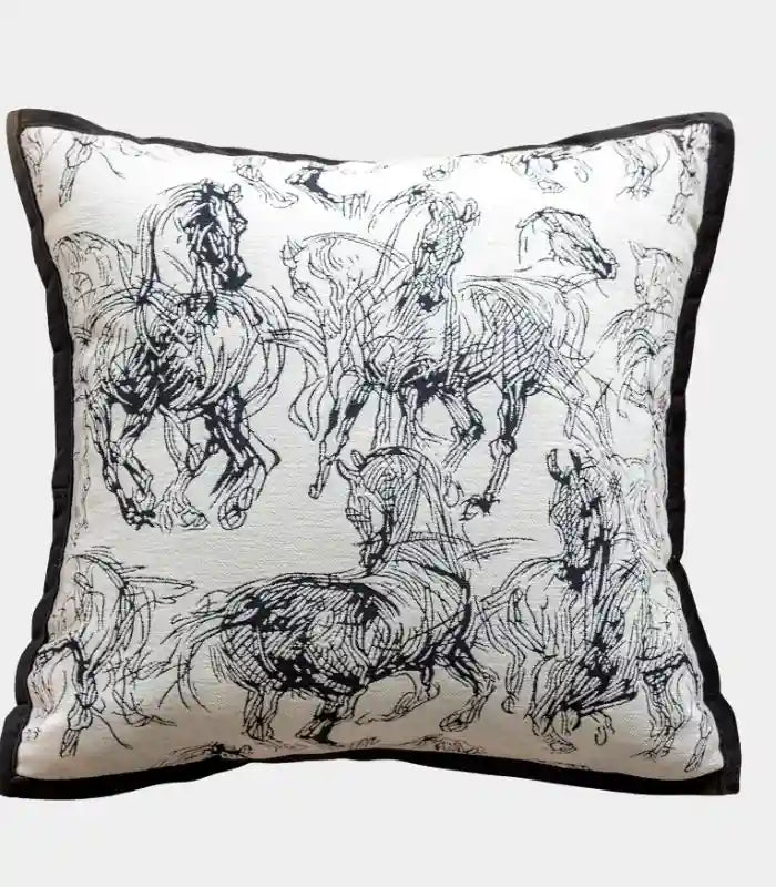 1061 Equestrian Sketch Cushion Cover – Black and White Horse Study Jacquard Pillow Case 45x45 cm