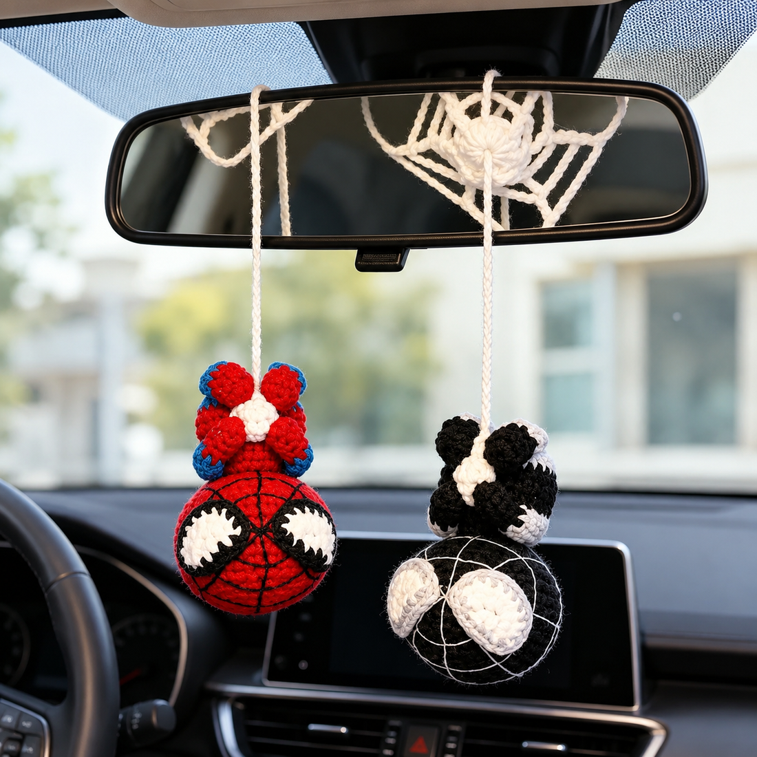 Handmade Crochet Superhero Car Hanging Ornament, Rearview Mirror Plush Decor, Comic Fan Gift
